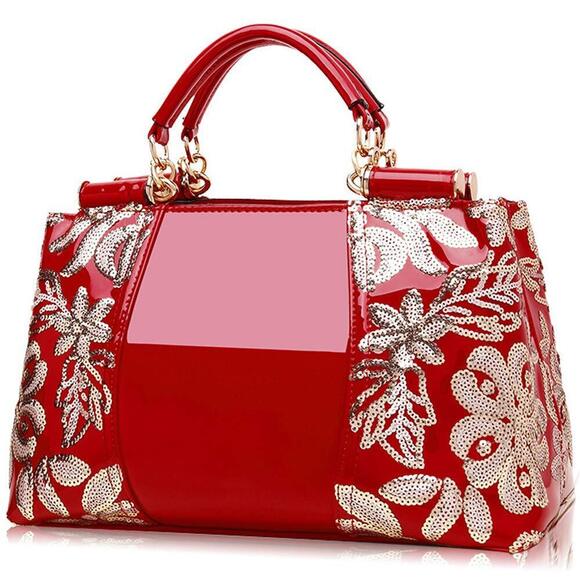 Handbags - 6810 Red Patent Leather Satchel Handbag - Sequined Embroidery, Top Handle &